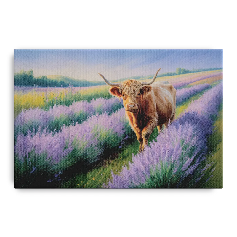 Highland Cow in Lavender Field Front - Canvas Wall Art