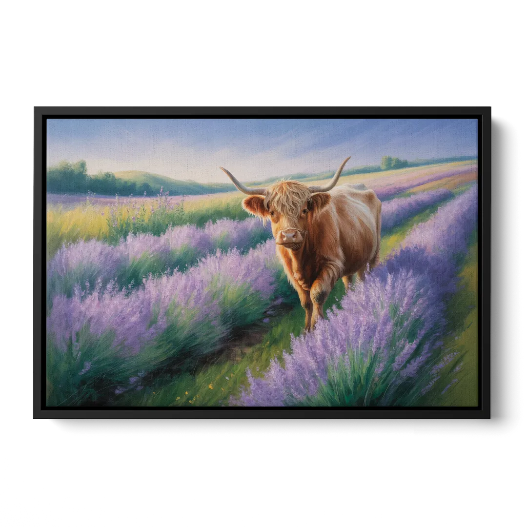 Highland Cow in Lavender Field Front - Black Canvas Wall Art
