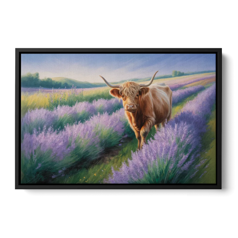 Highland Cow in Lavender Field Front - Black Canvas Wall Art