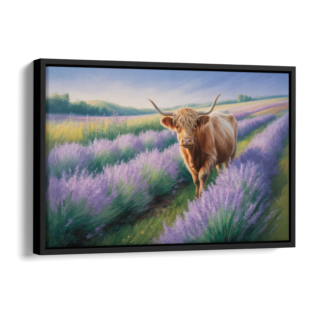 Highland Cow in Lavender Field Side - Black Canvas Wall Art