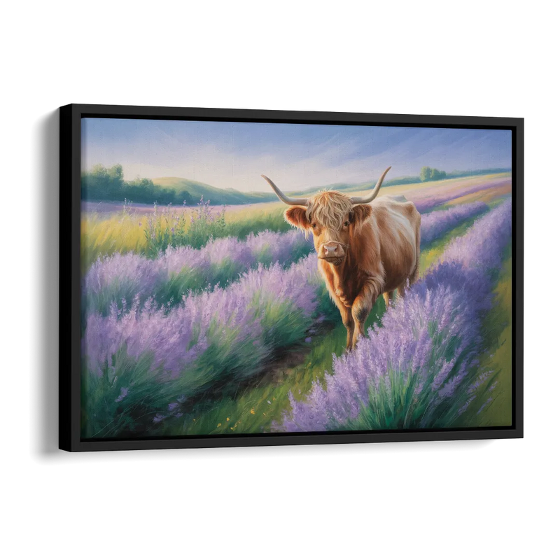 Highland Cow in Lavender Field Side - Black Canvas Wall Art