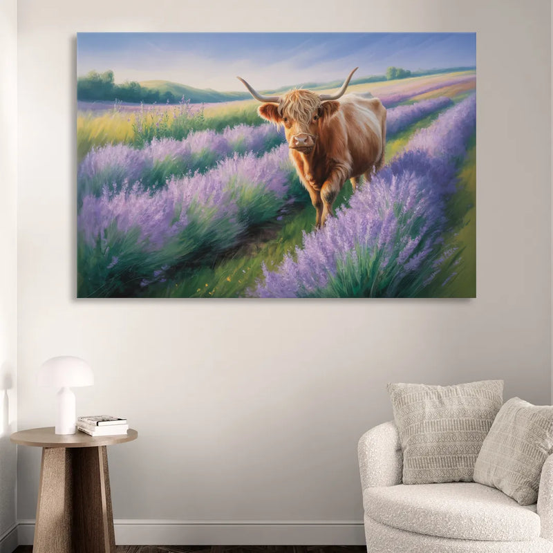 Highland Cow in Lavender Field Sitting Room - Canvas Wall Art