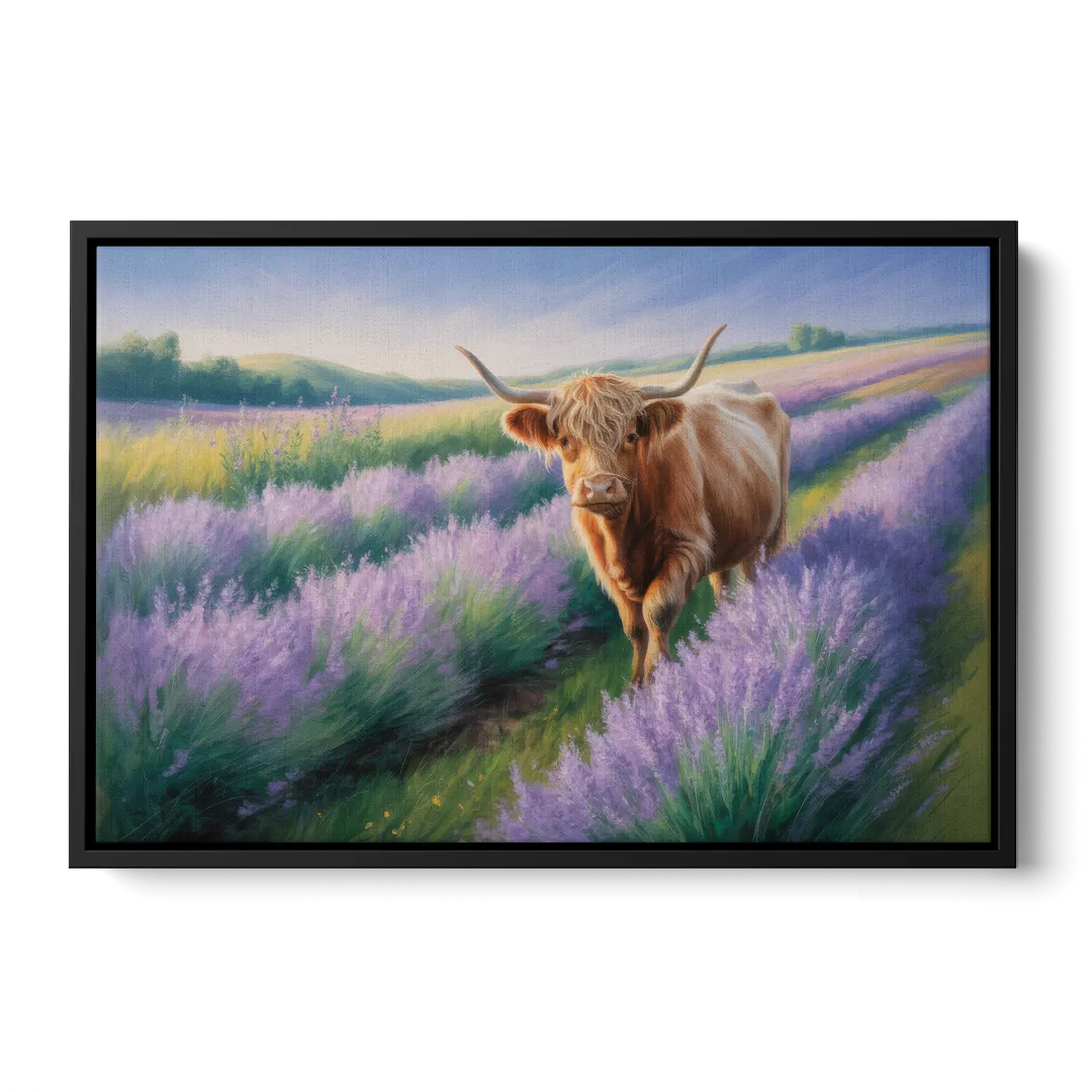Highland Cow in Lavender Field - Black Frame Canvas