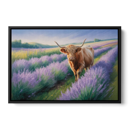 Highland Cow in Lavender Field - Black Frame Canvas