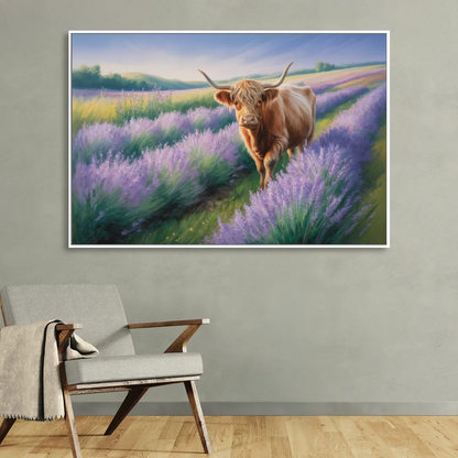 Highland Cow in Lavender Field Sitting Room - White Canvas Wall Art
