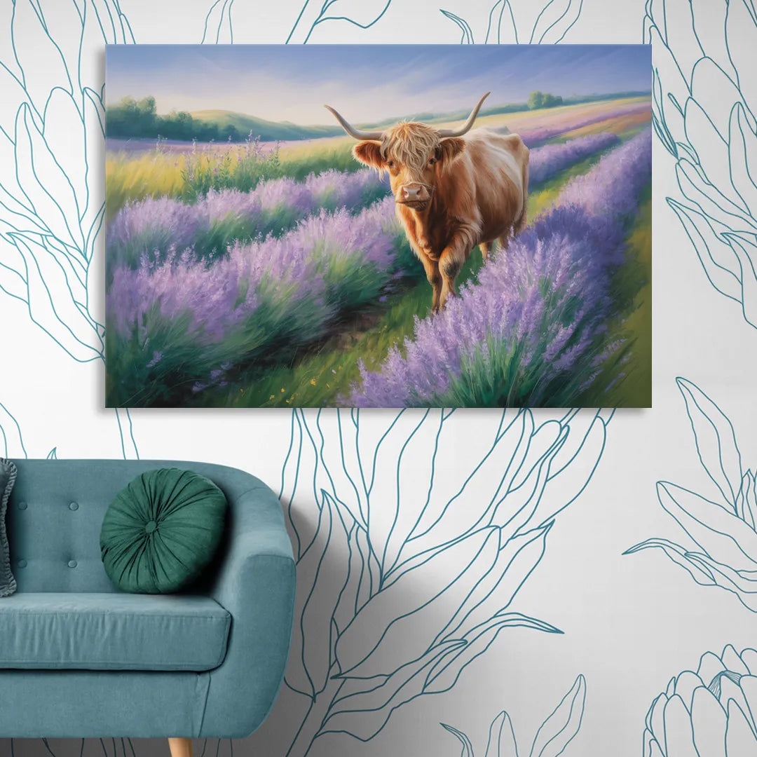 Highland Cow in Lavender Field Living Room - Canvas Wall Art