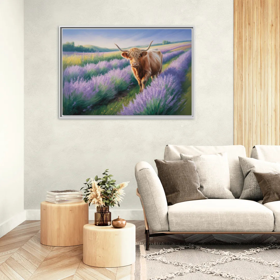 Highland Cow in Lavender Field - Living Room White Frame Canvas