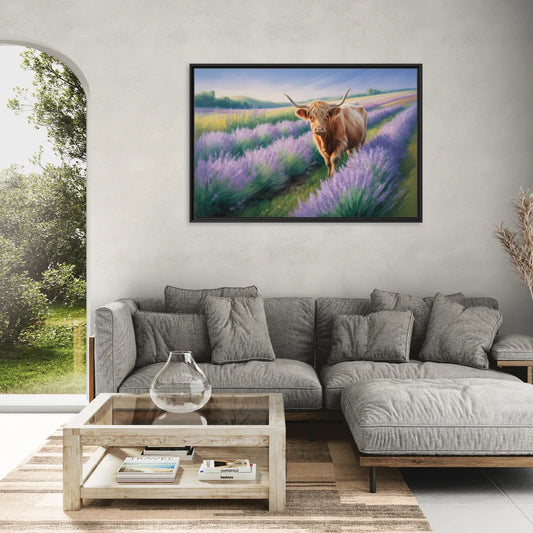 Highland Cow in Lavender Field - Living Room Black Frame Canvas