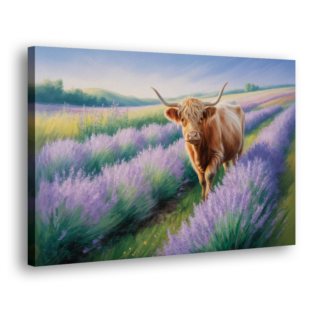Highland Cow in Lavender Field Side - Canvas Wall Art