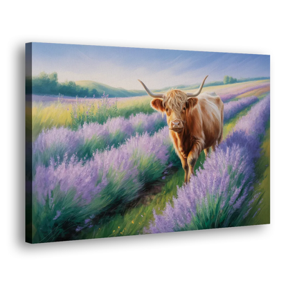 Highland Cow in Lavender Field Side - Canvas Wall Art