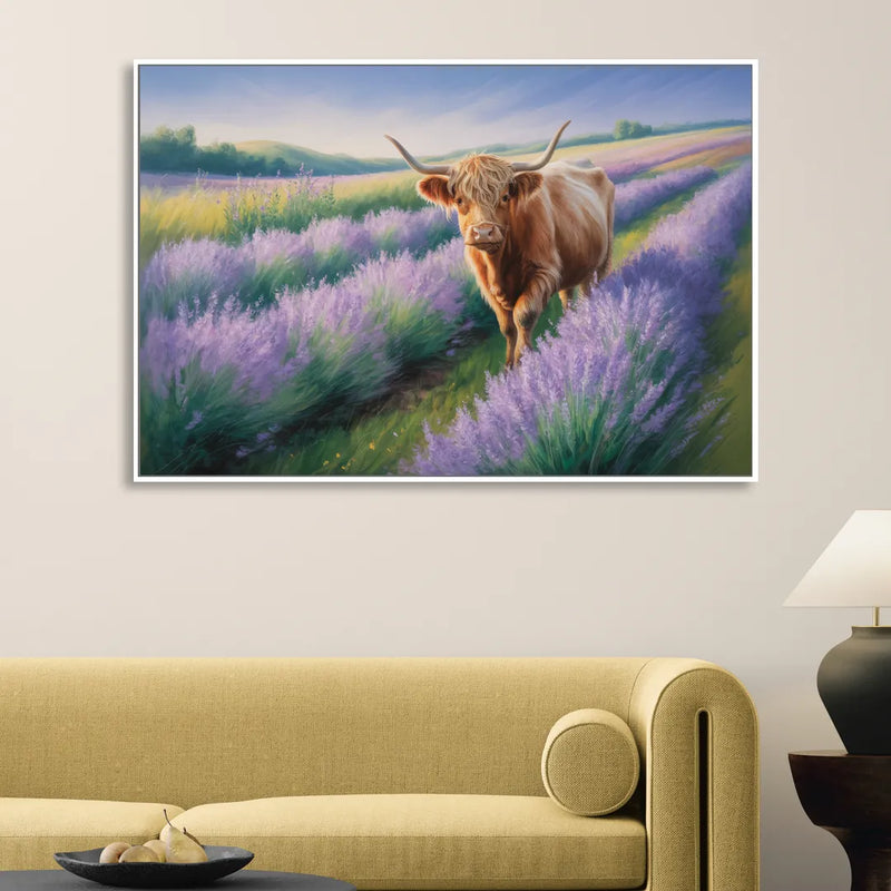 Highland Cow in Lavender Field Living Room - White Canvas Wall Art