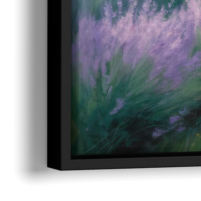 Highland Cow in Lavender Field - Close-Up Black Frame Canvas
