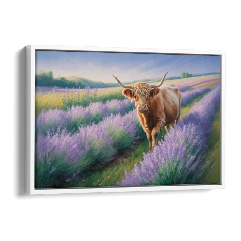 Highland Cow in Lavender Field Side - White Canvas Wall Art