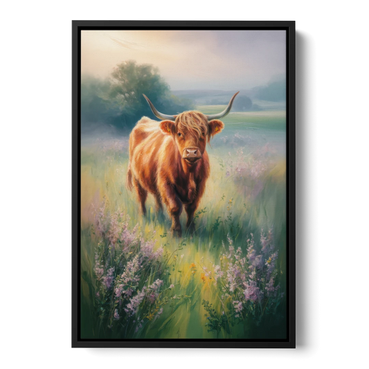Highland Cow in Mist - Black Framed Canvas Wall Art - Front