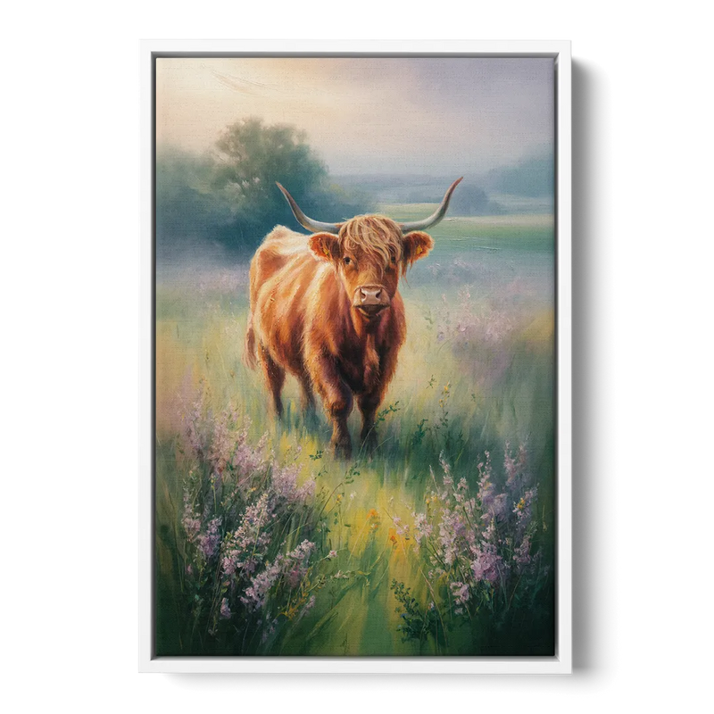 Highland Cow in Mist Front - White Canvas Wall Art