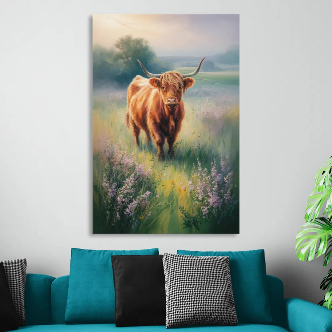 Highland Cow in Mist Living Room - Canvas Wall Art