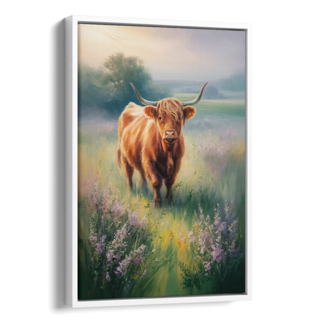 Highland Cow in Mist Side - White Canvas Wall Art