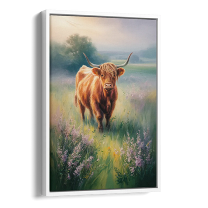 Highland Cow in Mist Side - White Canvas Wall Art