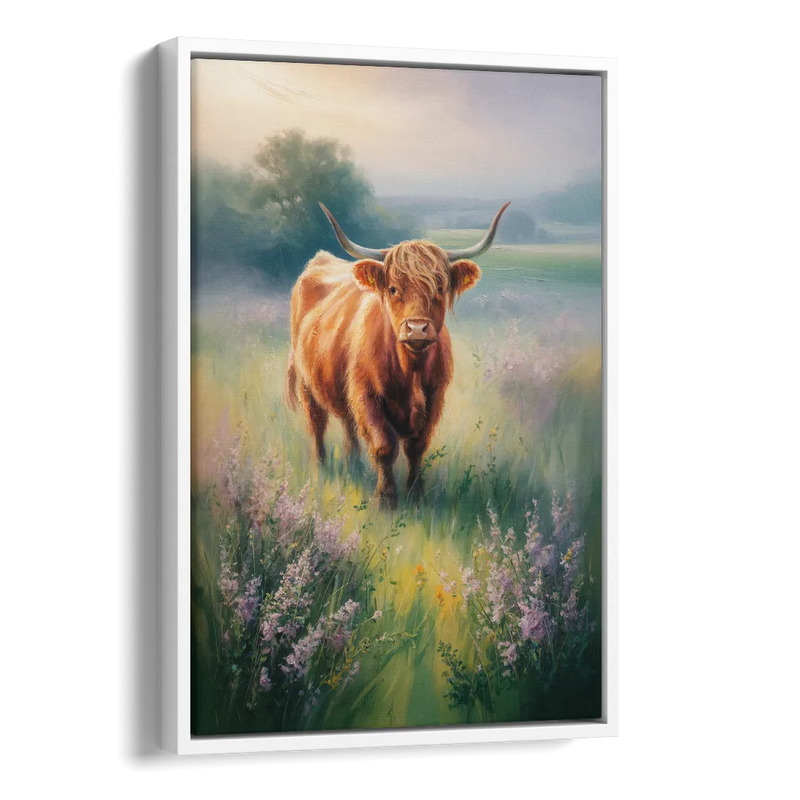 Highland Cow in Mist Side - White Canvas Wall Art