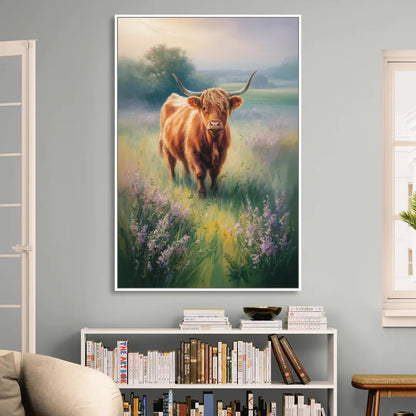 Highland Cow in Mist Living Room - White Canvas Wall Art