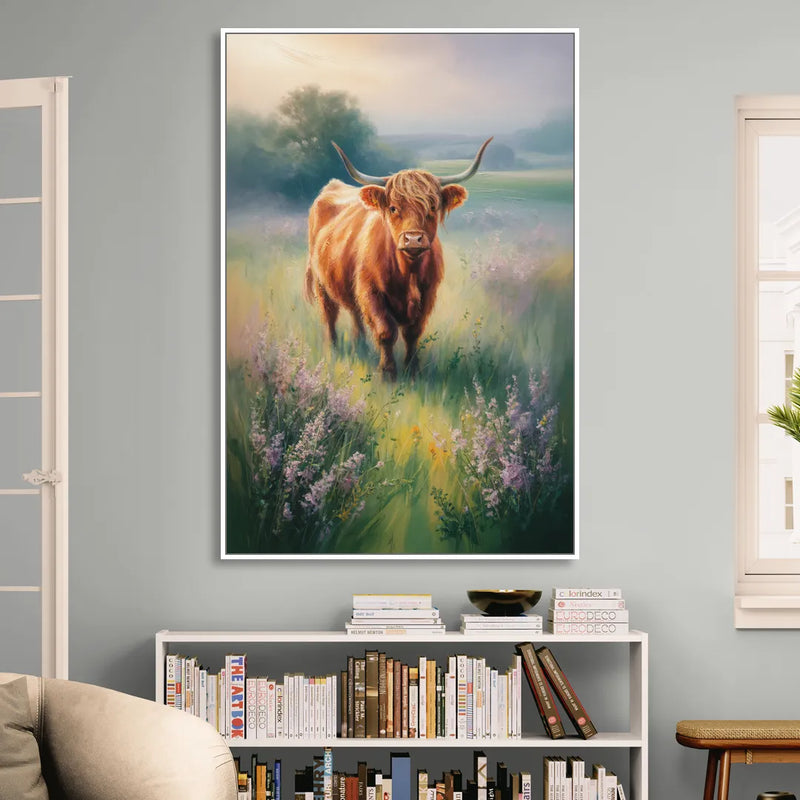 Highland Cow in Mist Living Room - White Canvas Wall Art