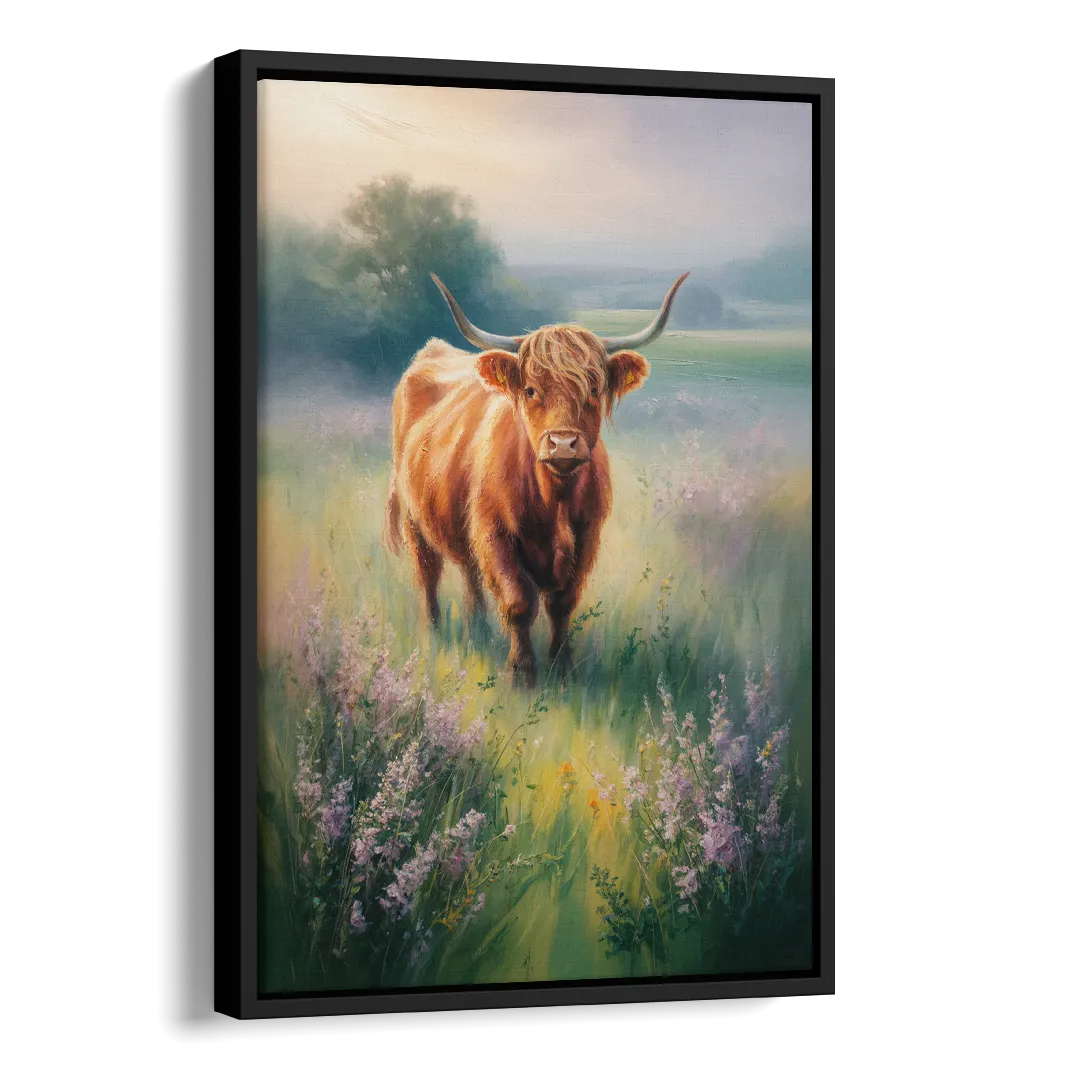 Highland Cow in Mist Side - Black Canvas Wall Art