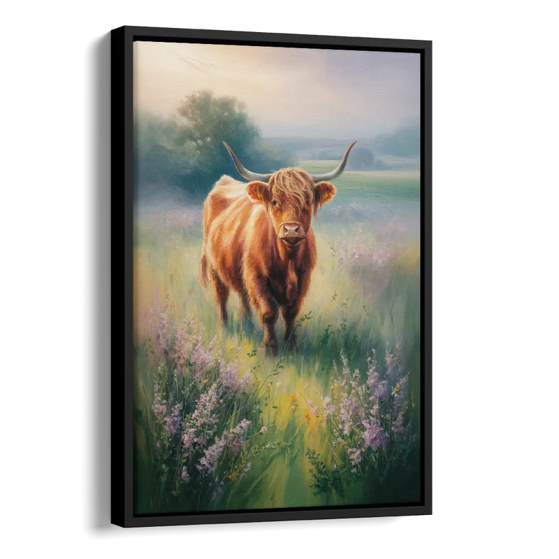 Highland Cow in Mist Side - Black Canvas Wall Art