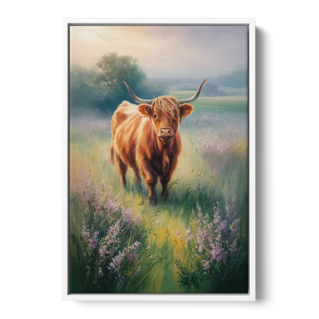 Highland Cow in Mist - White Frame Canvas