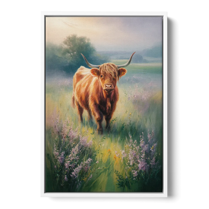 Highland Cow in Mist - White Frame Canvas