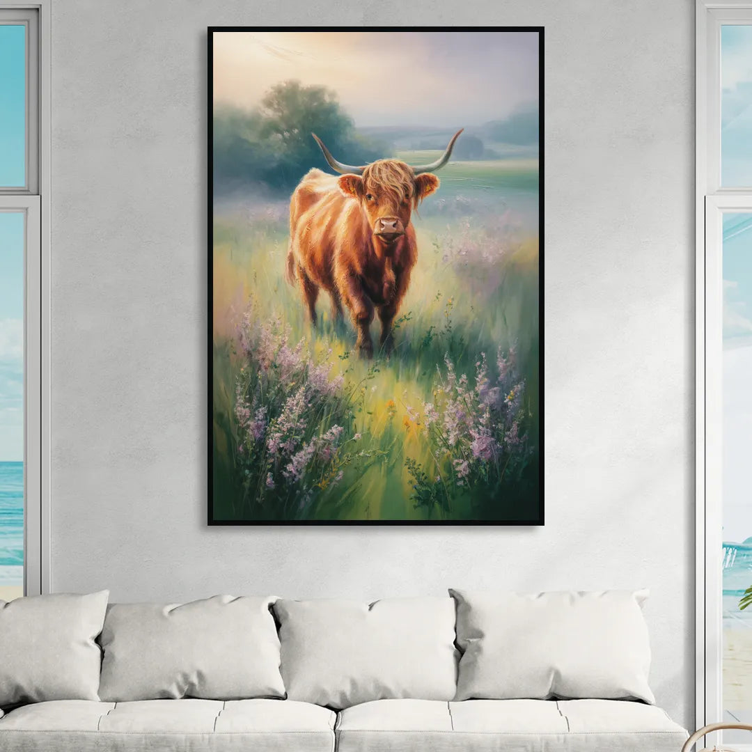 Highland Cow in Mist Sitting Room - Black Canvas Wall Art