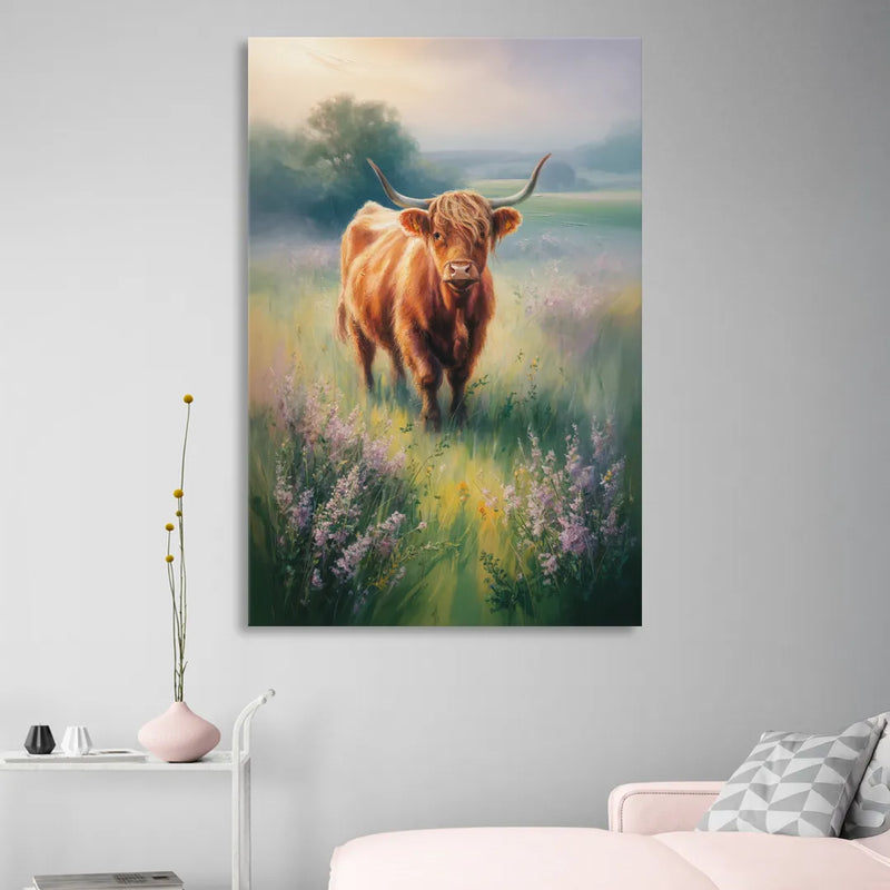 Highland Cow in Mist Sitting Room - Canvas Wall Art