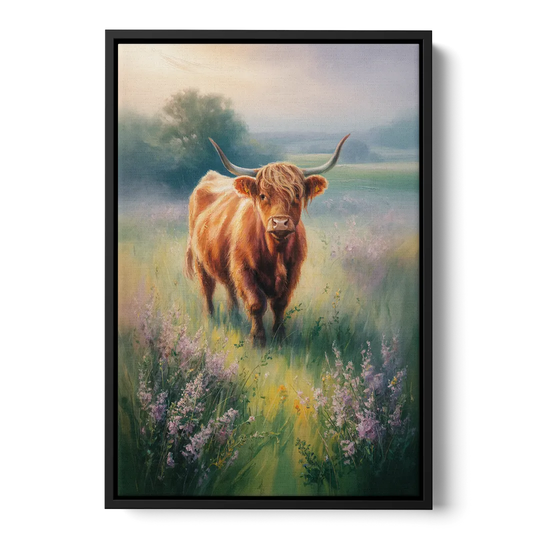 Highland Cow in Mist Front - Black Canvas Wall Art