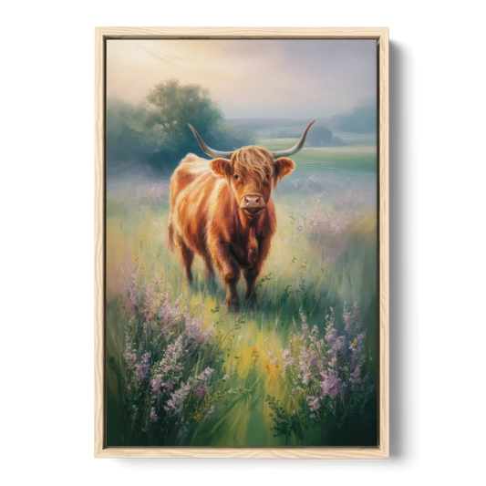 Highland Cow in Mist - Oak Framed Canvas Wall Art - Front