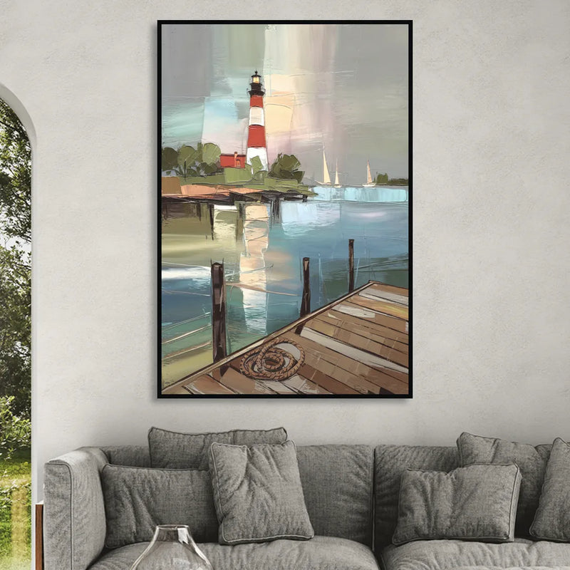 Hilton Head Island Coastal Lighthouse Living Room - Black Canvas Wall Art