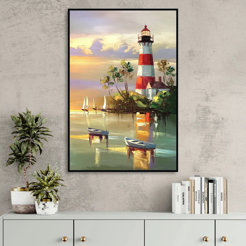 Hilton Head Island Coastal Lighthouse Nautical Sitting Room - Black Canvas Wall Art