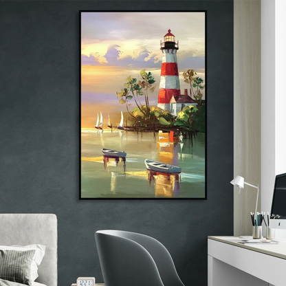 Hilton Head Island Coastal Lighthouse Nautical Living Room - Black Canvas Wall Art