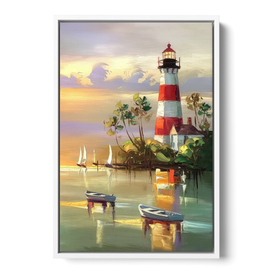 Hilton Head Island Coastal Lighthouse Nautical - White Framed Canvas Wall Art - Front