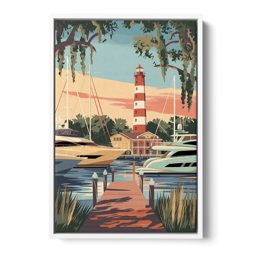 Hilton Head Island Harbour Town Marina Front - White Canvas Wall Art