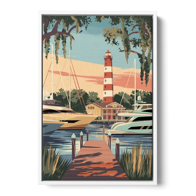 Hilton Head Island Harbour Town Marina Front - White Canvas Wall Art