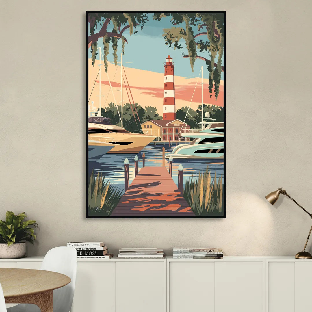 Hilton Head Island Harbour Town Marina Sitting Room - Black Canvas Wall Art