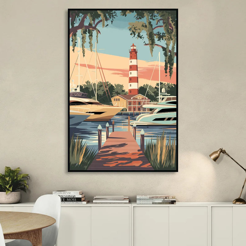 Hilton Head Island Harbour Town Marina Sitting Room - Black Canvas Wall Art