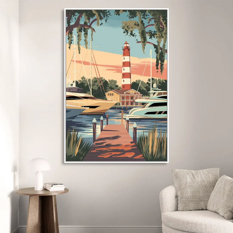 Hilton Head Island Harbour Town Marina Sitting Room - White Canvas Wall Art