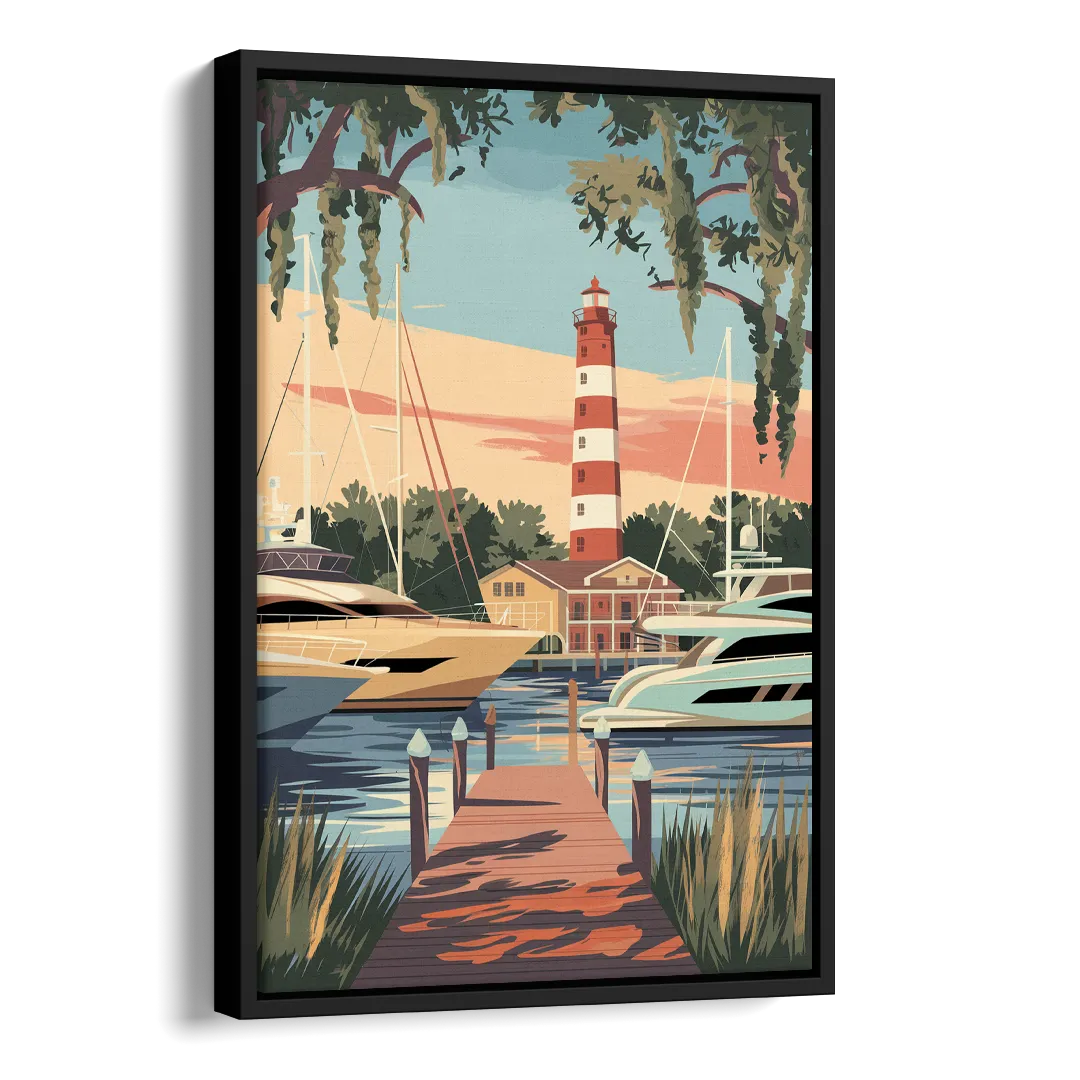 Hilton Head Island Harbour Town Marina Side - Black Canvas Wall Art