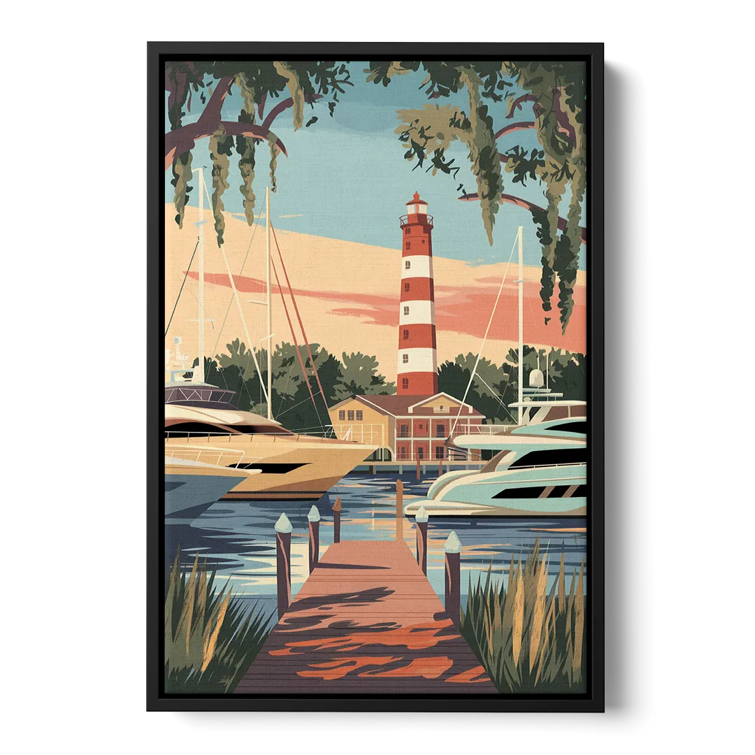 Hilton Head Island Harbour Town Marina Front - Black Canvas Wall Art