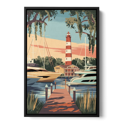 Hilton Head Island Harbour Town Marina Front - Black Canvas Wall Art