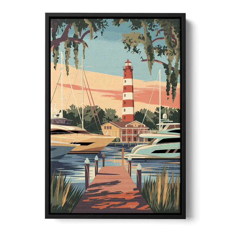 Hilton Head Island Harbour Town Marina Front - Black Canvas Wall Art