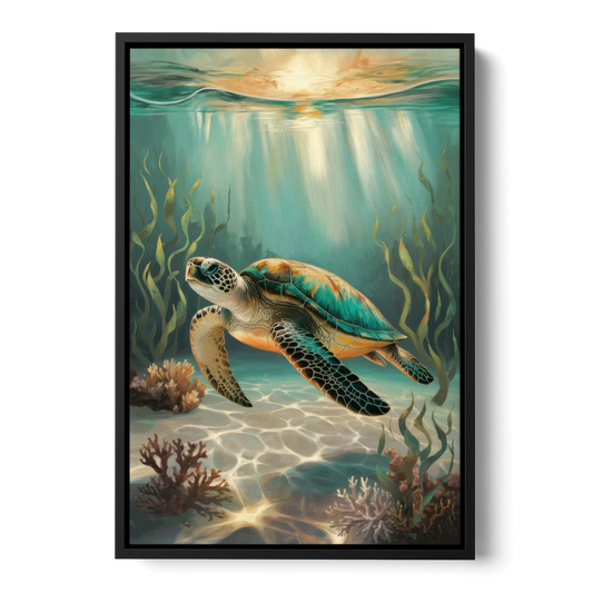 Hilton Head Island Sea Turtle Journey - Black Framed Canvas Wall Art - Front
