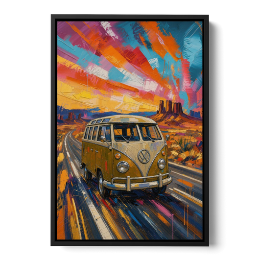 Hippie Wall Art Camper Van on a Desert Highway - Black Framed Canvas Wall Art - Front