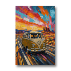 Hippie Wall Art Camper Van on a Desert Highway - Canvas Wall Art - Front