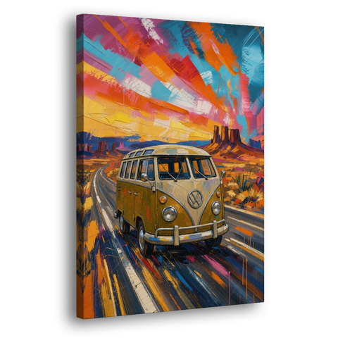 Hippie Wall Art Camper Van on a Desert Highway - Canvas Wall Art - Side